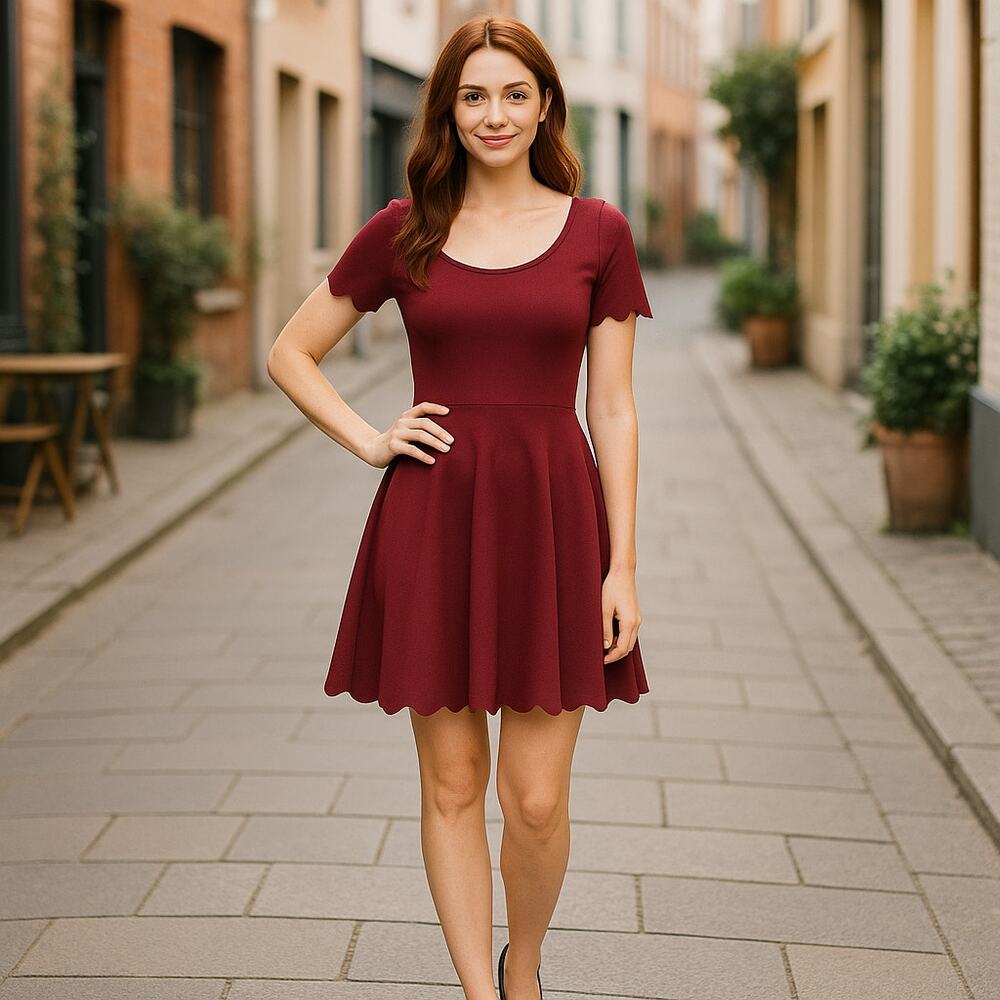 The Vanity Room Burgundy Scallop Hem Mini Dress Short Sleeve Size M